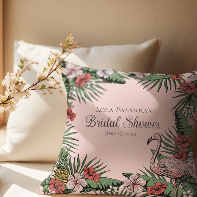 Tropical Pink Floral Flamingo Bridal Shower Outdoor Pillow (Elegant Hawaiian Bridal Shower  Design. Hand-Drawn Tropical Hibiscus Flowers, Flamingo, Pineapple)