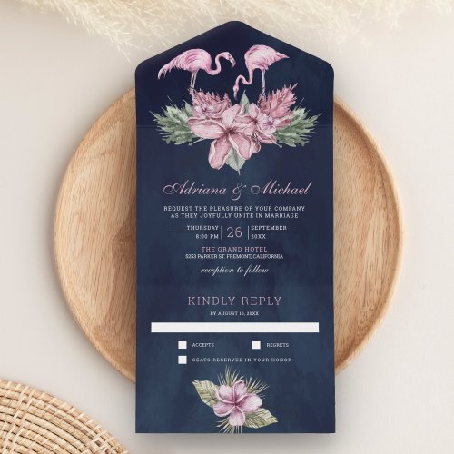 Tropical Pink Floral Flamingo Navy Blue Wedding All In One Invitation