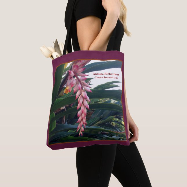Tropical Pink Floral Flower Botanical Personalize Tote Bag (Close Up)