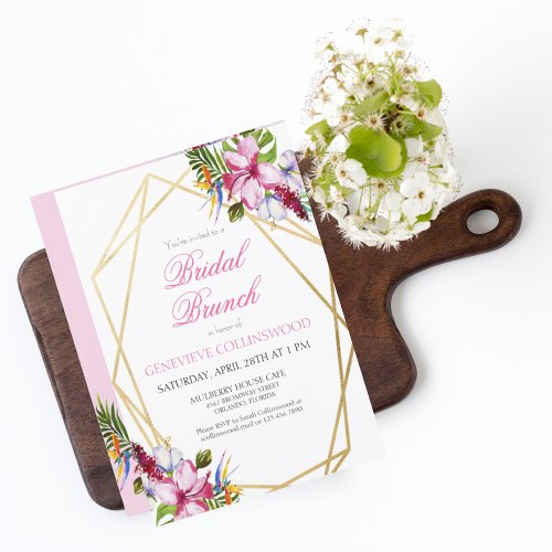 Tropical Pink Floral Gold Geometric Bridal Brunch Invitation