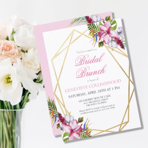 Tropical Pink Floral Gold Geometric Bridal Brunch Postcard