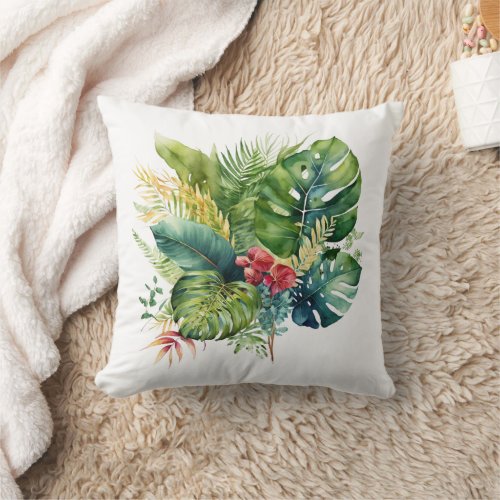 Tropical Pink Floral Green Palm Leaves Greenery Throw Pillow