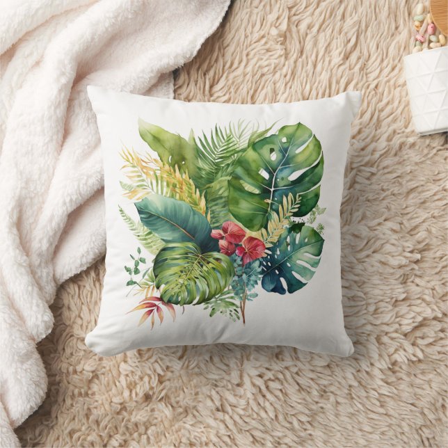 Tropical Pink Floral Green Palm Leaves Greenery Throw Pillow (Blanket)