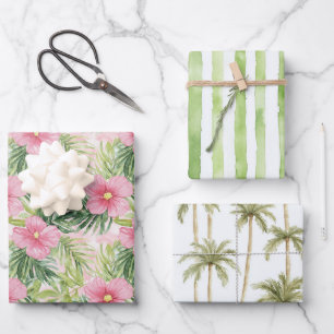 Tropical Pink Floral Green Stripes Wedding Wrapping Paper Sheets