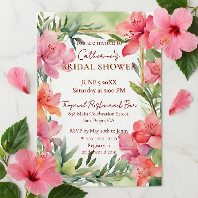Tropical Pink Floral Greenery Gold Bridal Shower Invitation (Creator Uploaded)