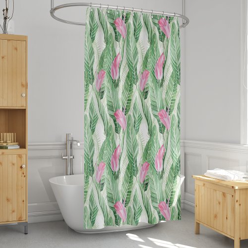 Tropical Pink Floral Greenery Shower Curtain