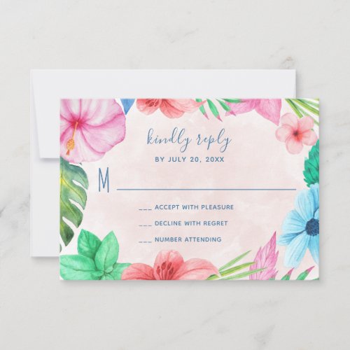Tropical pink  floral hawaiian wedding RSVP card