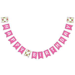 Tropical Pink Floral Luau Birthday Party Bunting Flags