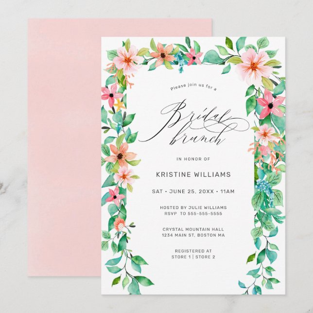 Tropical Pink Floral Modern Script Bridal Brunch Invitation (Front/Back)