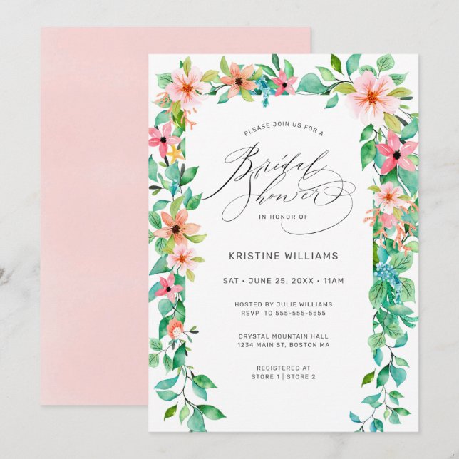 Tropical Pink Floral Modern Script Bridal Shower I Invitation (Front/Back)