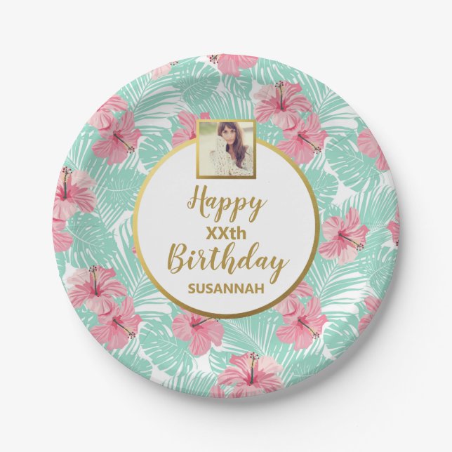 Tropical Pink Floral Palm Tree , Birthday Photo Paper Plates (Front)