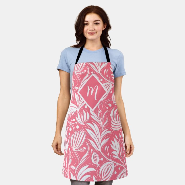 Tropical Pink Floral Pattern Diamond Monogram Apron (Worn)