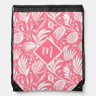 Tropical Pink Floral Pattern Diamond Monogram Drawstring Bag