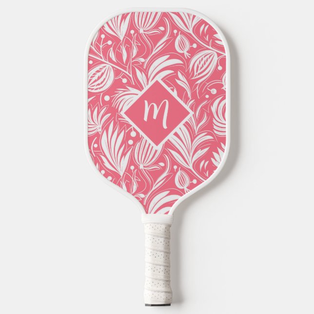 Tropical Pink Floral Pattern Diamond Monogram Pickleball Paddle (Front)