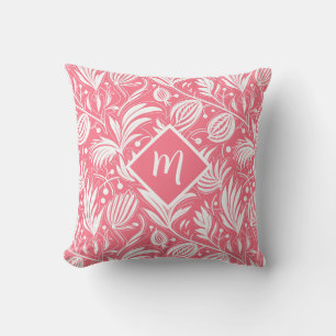Tropical Pink Floral Pattern Diamond Monogram Throw Pillow