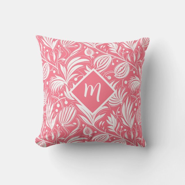 Tropical Pink Floral Pattern Diamond Monogram Throw Pillow (Front)