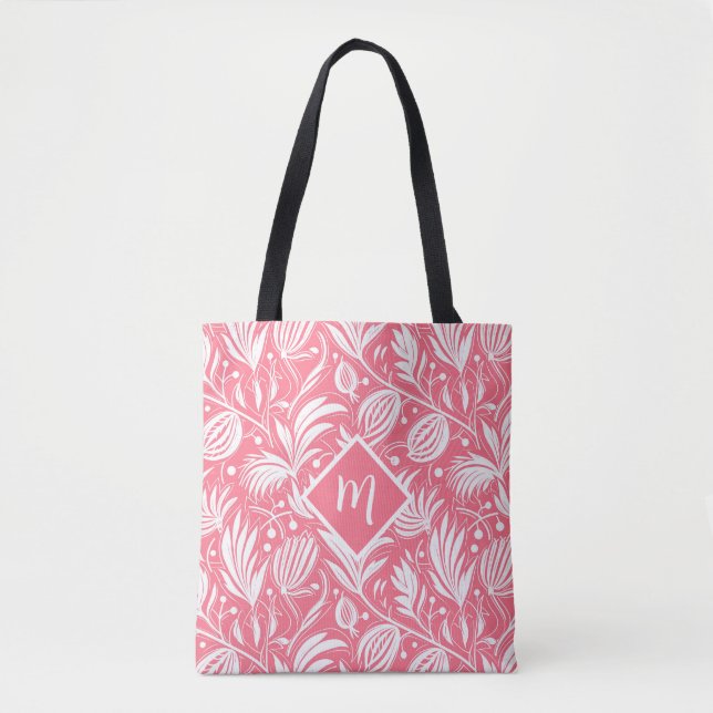 Tropical Pink Floral Pattern Diamond Monogram Tote Bag (Front)