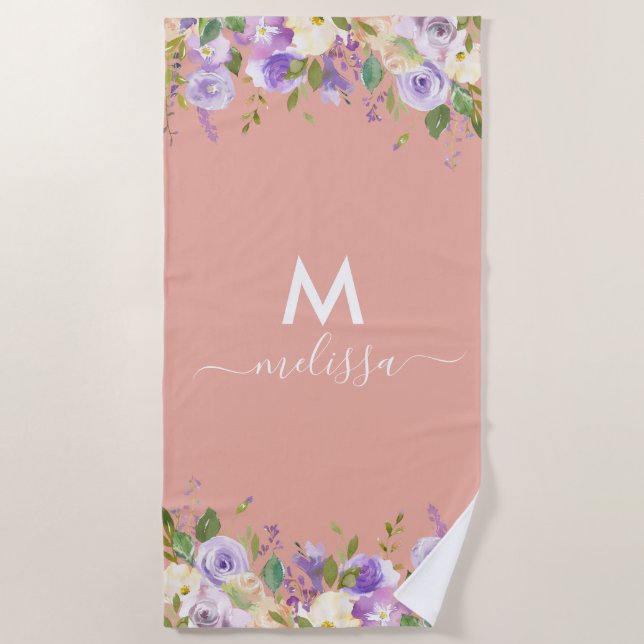 Tropical pink floral personalized beach towel (Front)