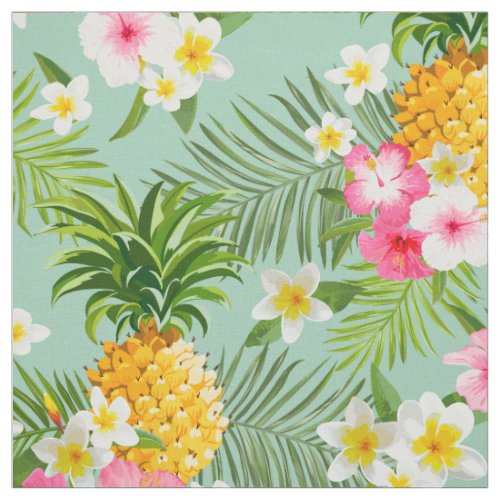 Tropical Pink Floral Pineapple Watercolor Fabric