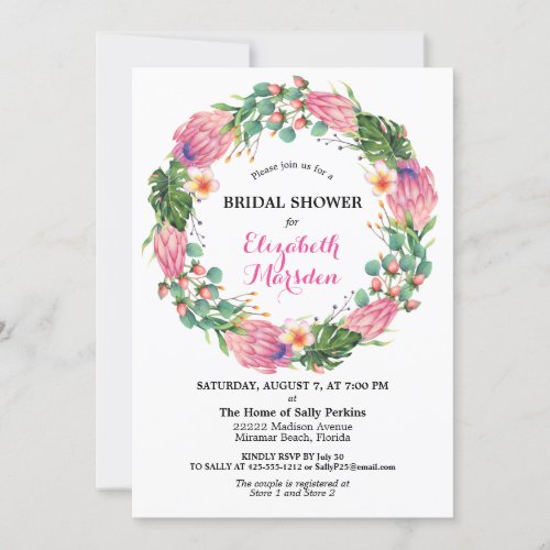 Tropical Pink Floral Protea Beach Bridal Shower Invitation