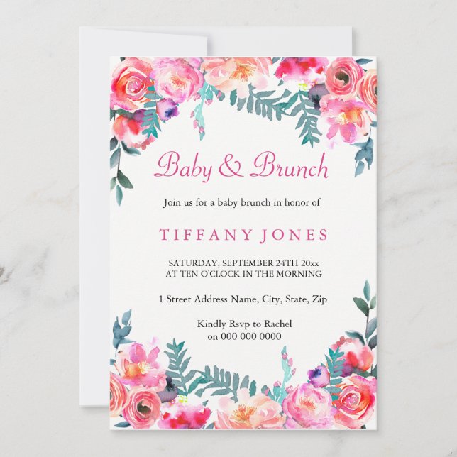 Tropical Pink Floral Watercolor Baby & Brunch Invitation (Front)