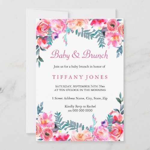 Tropical Pink Floral Watercolor Baby  Brunch Invitation