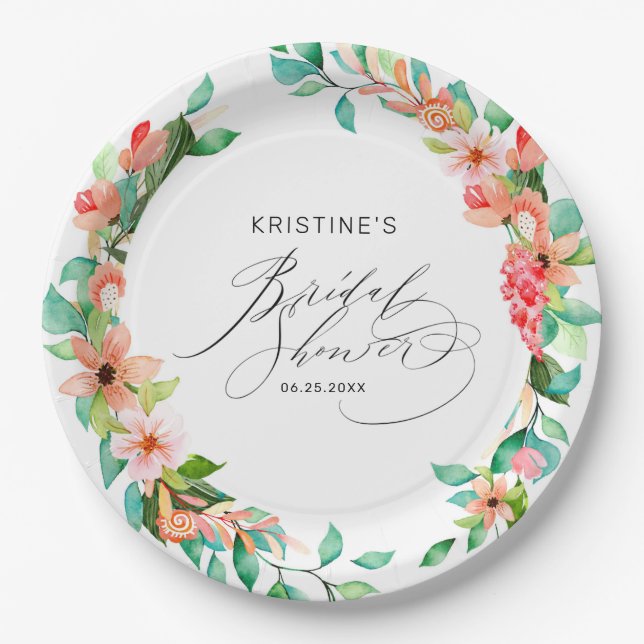 Tropical Pink Floral Watercolor Bridal Shower Paper Plates (Front)