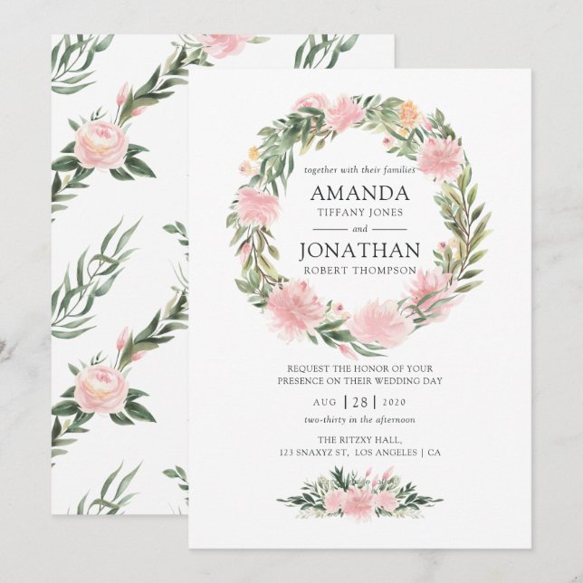 Tropical Pink Floral Wedding Invitation (Front/Back)