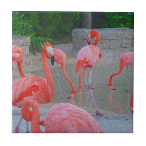 Tropical Pink Florida Flamingos Watercolor Ceramic Tile