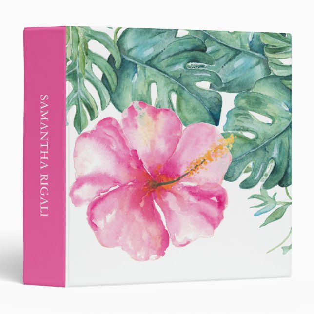 Tropical Pink Flower Palm Leaf Elegant 3 Ring Binder (Front/Spine)