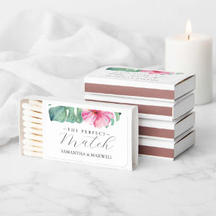 Tropical Pink Flowers and Palm Leaves Wedding Matchboxes