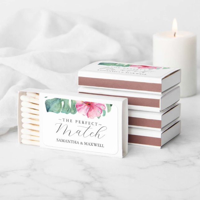 Tropical Pink Flowers and Palm Leaves Wedding Matchboxes (Best places to buy wedding match favors online – tropical hibiscus watercolor wedding matchboxes)
