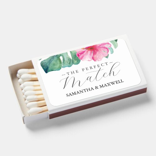 Tropical Pink Flowers and Palm Leaves Wedding Matchboxes