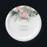 Tropical Pink Flowers and Palms Greenery Wedding Paper Plates<br><div class="desc">Tropical beach wedding paper plates</div>