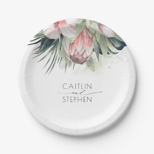 Tropical Pink Flowers and Palms Greenery Wedding Paper Plates
