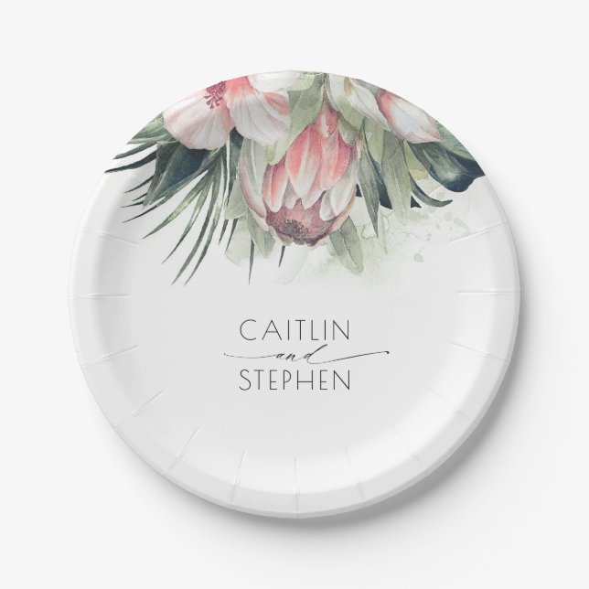 Tropical Pink Flowers and Palms Greenery Wedding Paper Plates (Front)