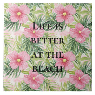 Tropical Pink Flowers Ceramic Tile