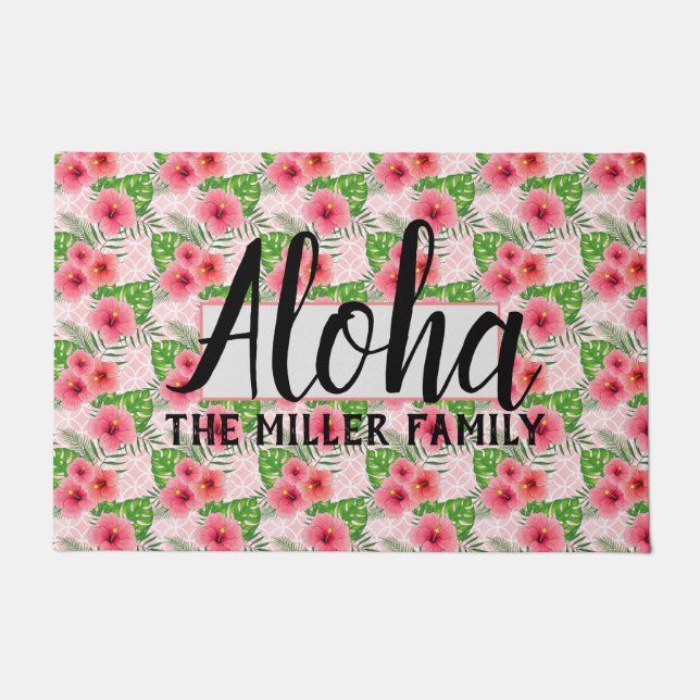 Tropical Pink Flowers Customizable Doormat (Front)