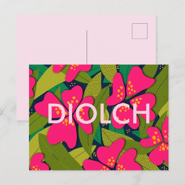 Tropical Pink Flowers Diolch Thank You Postcard (Front/Back)