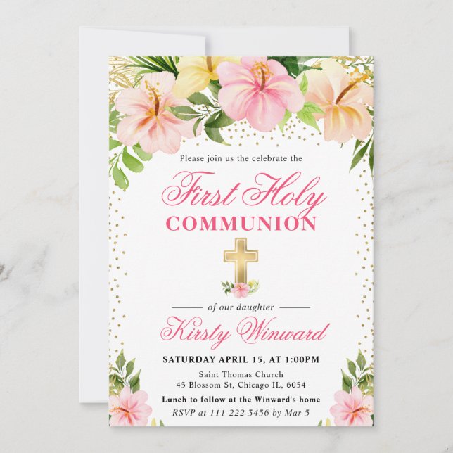 Tropical Pink Flowers First Holy Communion Invitation (Front)