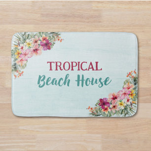Tropical Pink Flowers Floral Botanical Beach House Bath Mat