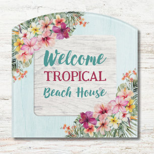 Tropical Pink Flowers Floral Botanical Beach House Door Sign