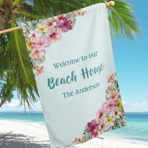 Tropical Pink Flowers Floral Botanical Beach House Flag