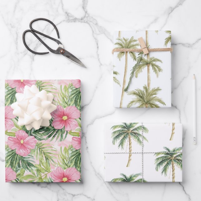 Tropical Pink Flowers Gold Palm Trees Wedding Wrapping Paper Sheets (Front)