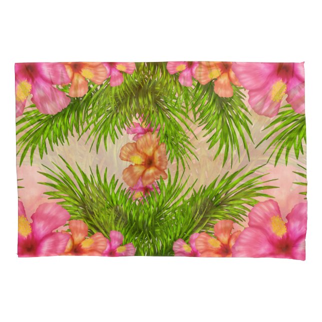 Tropical Pink Flowers Green Leaves Floral Chic Pillow Case (Front)
