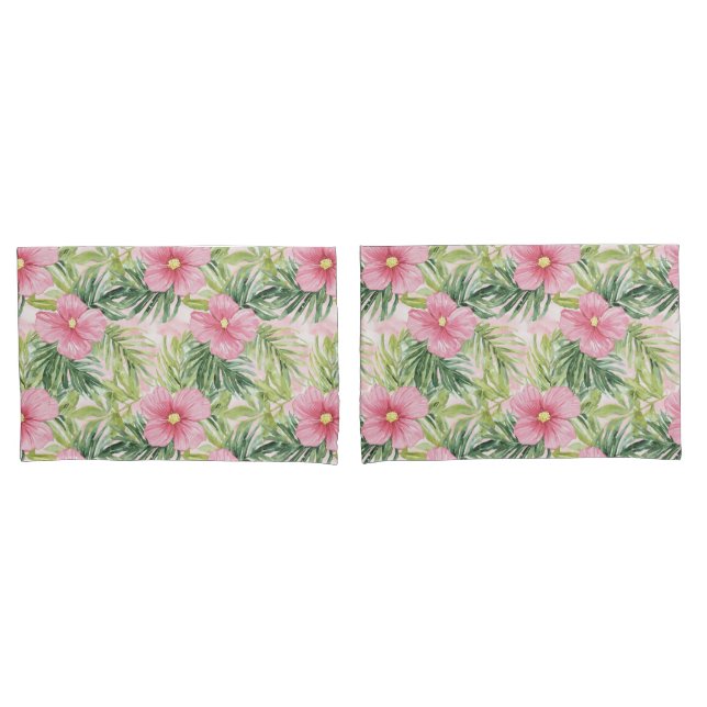 Tropical Pink Flowers Green Stripes Pillow Case (Front-Set)