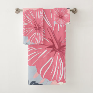Tropical pink flowers hibiscus bath towel set