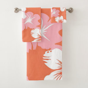 Tropical pink flowers hibiscus bath towel set