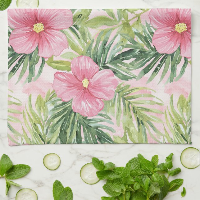 Tropical Pink Flowers   Kitchen Towel (Folded)