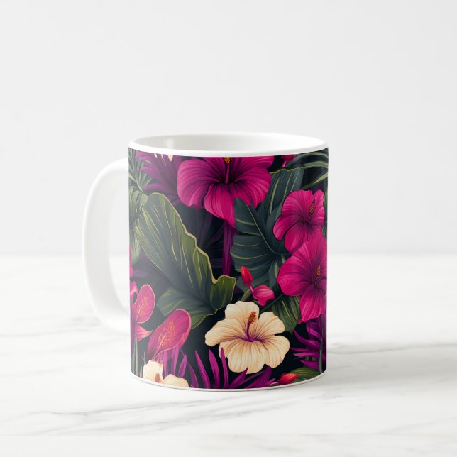 Tropical Pink Flowers Leaves Pattern Coffee Mug (Front Left)